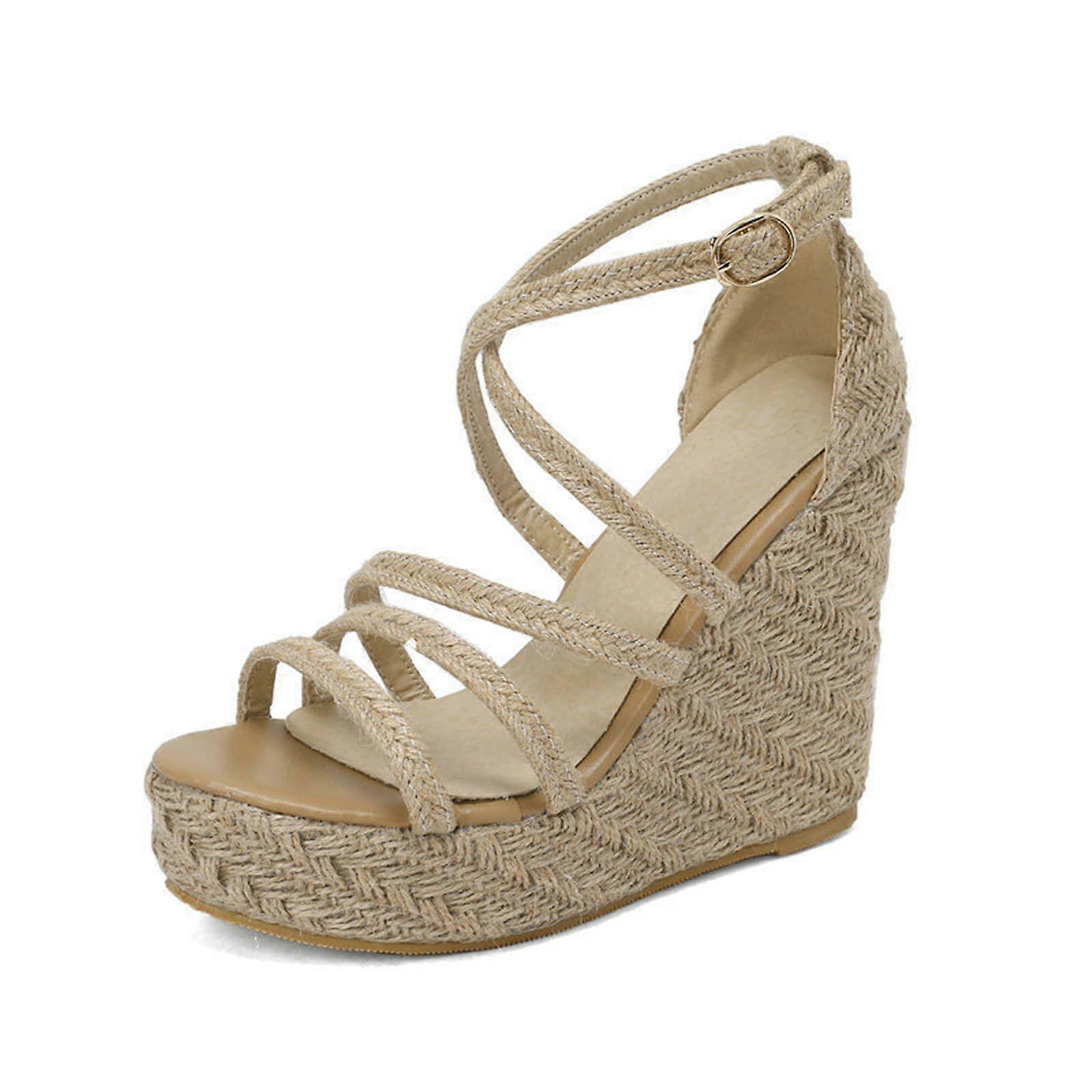 12 cm / 4.72 inch sandals, wedge, super heel sandals, summer, thick sole, straw heels 38 EU Beige