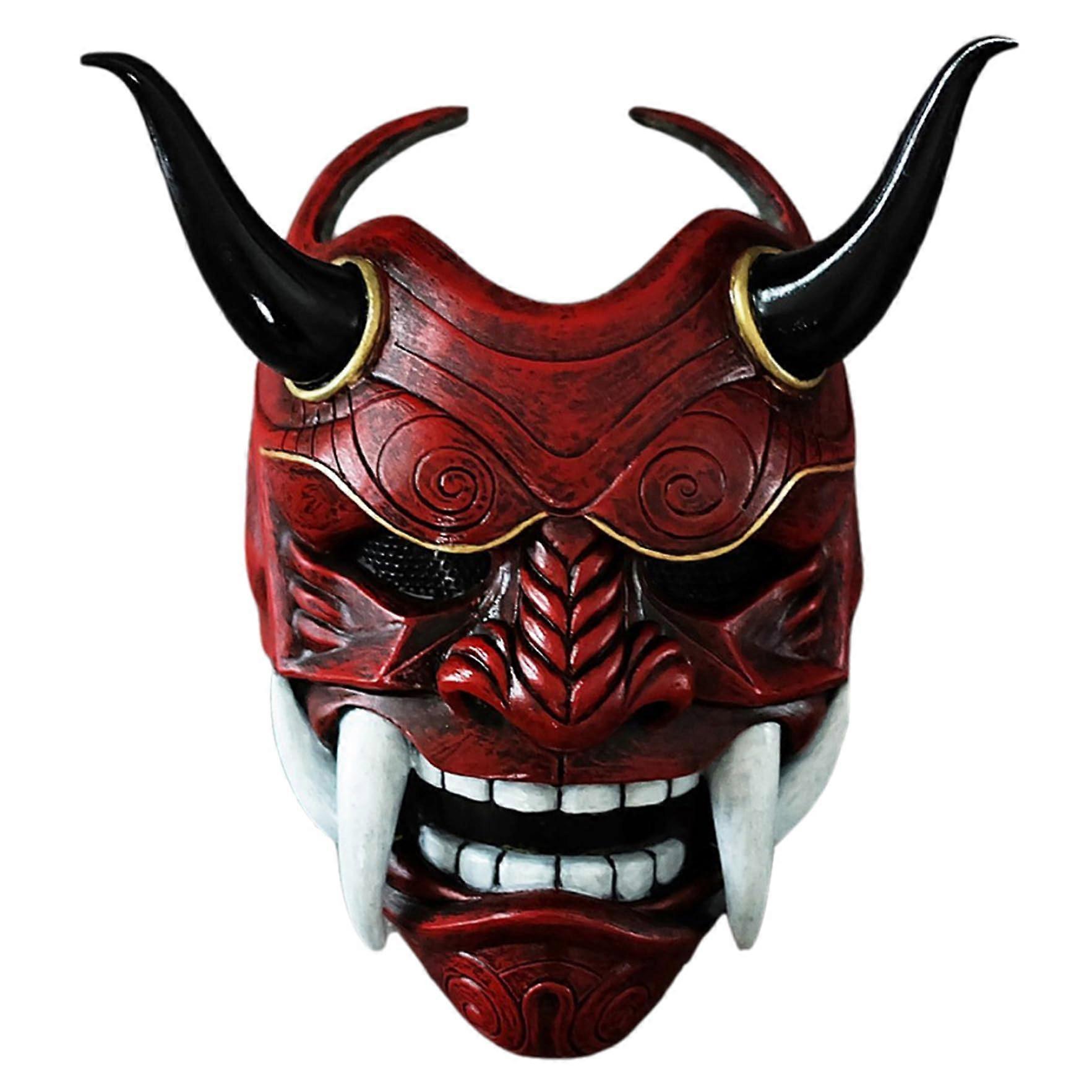 Oni Mask, Japanese Hannya Mask, Scary Full Face Samurai Mask, Latex Oni Mask with Fangs for Halloween