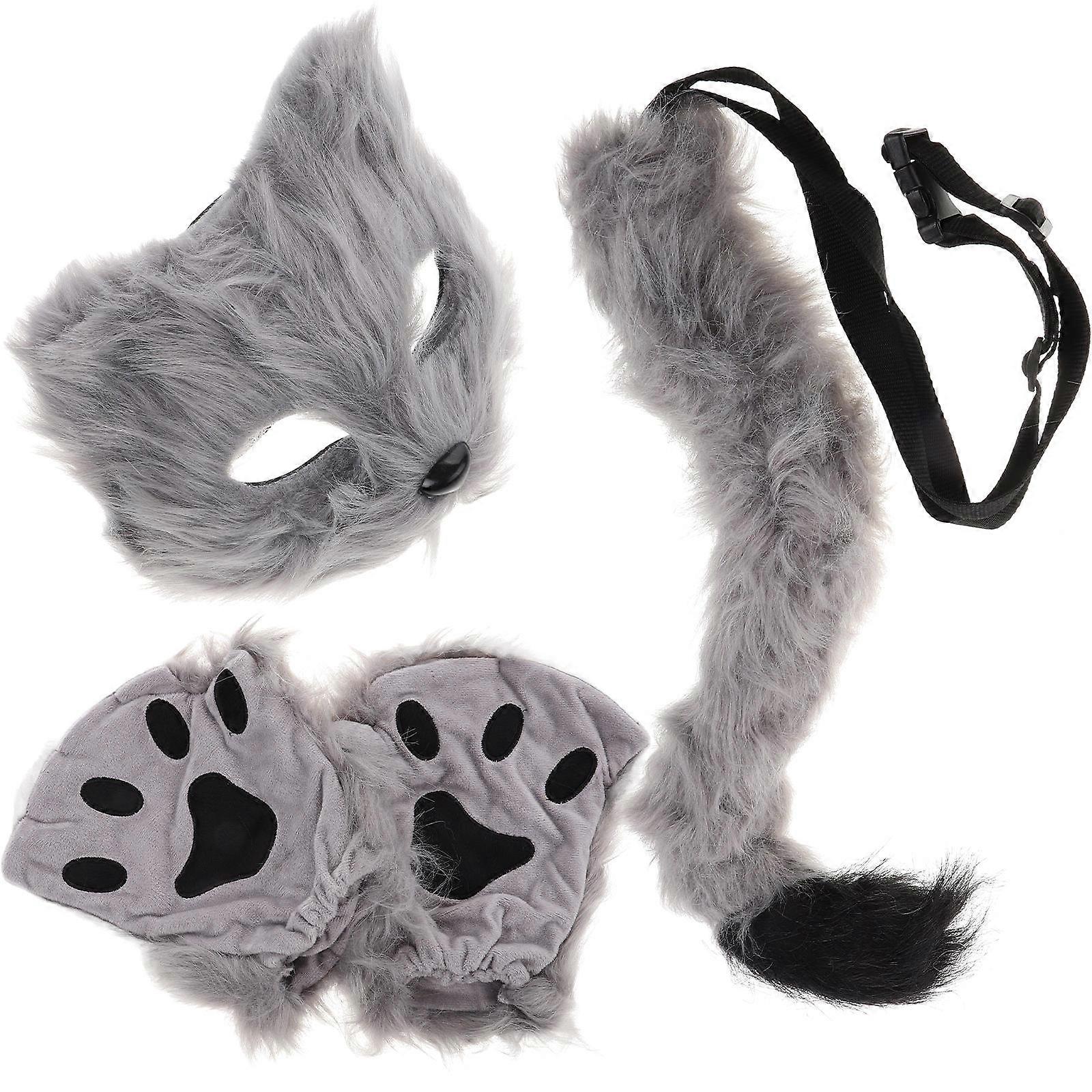 Furry Fox Half Face Mask with Wolf Ears and Tail – Plush Gloves Set for Cosplay, Masquerade, and Costume Events – Grey