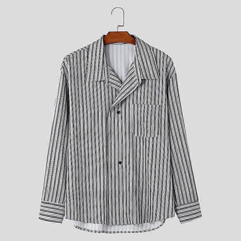 INCERUN Men Lapel Neck Long Sleeve Striped Tops Casual Buttons Shirts