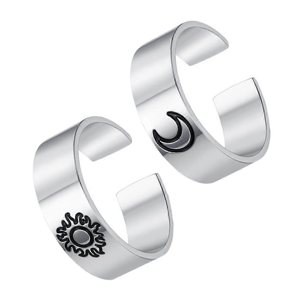 Stylish Sun And Moon Matching Rings For Unisex Special Occasion In Silver Adjustable Fit 2Pcs