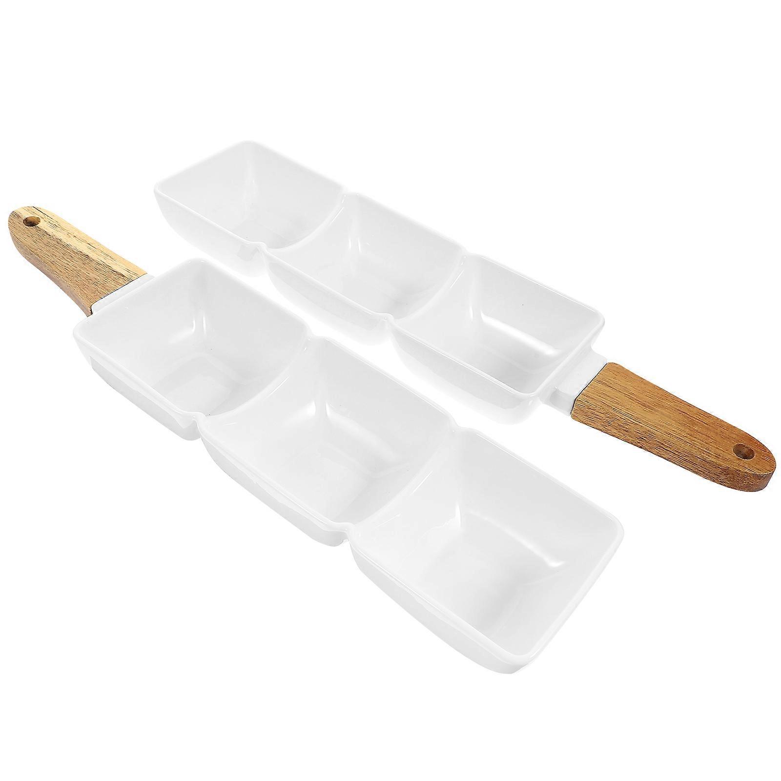 Ceramic Storage Bowl with Wooden Handle for Snack and Sauce 2 Pcs Three-compartment