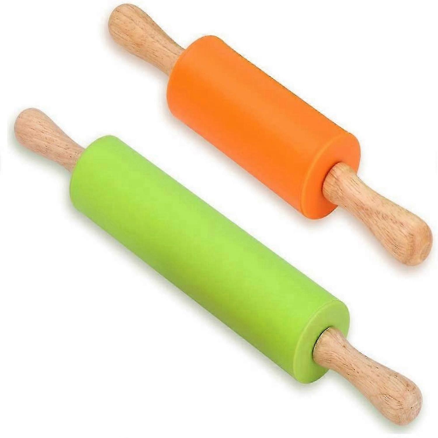 Silicone Rolling Pin - Dough Roller for Pizza, Cookie with Wooden Handle 2 Pack (Mini & Medium Size)