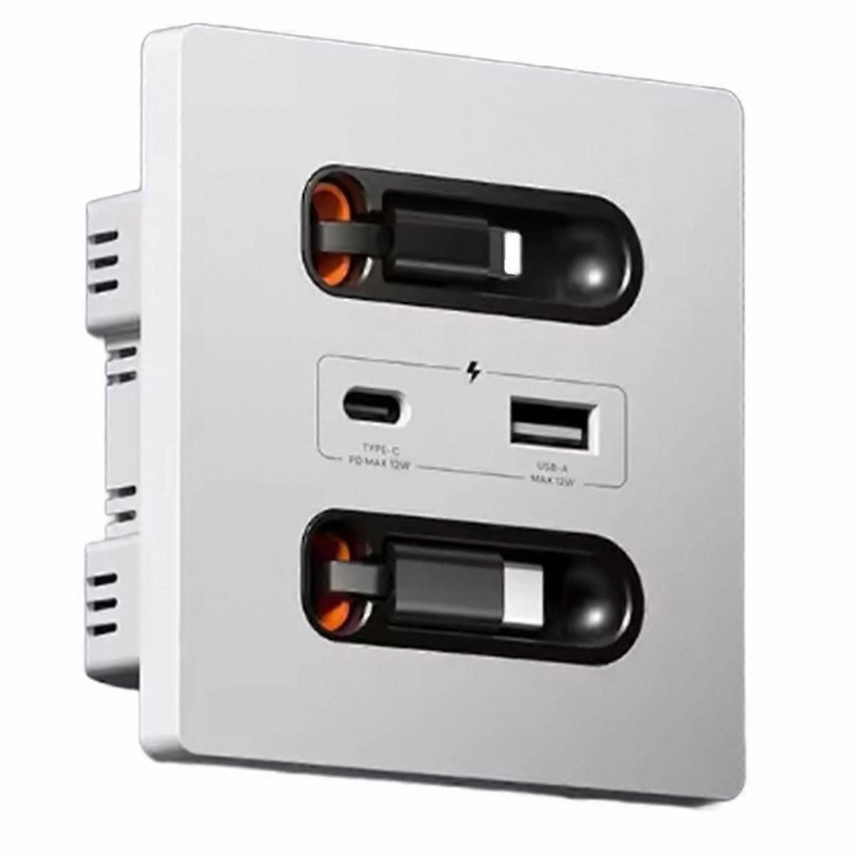 12W Wall Socket with USB-A, USB-C Ports and Retractable Cable for Device Charging