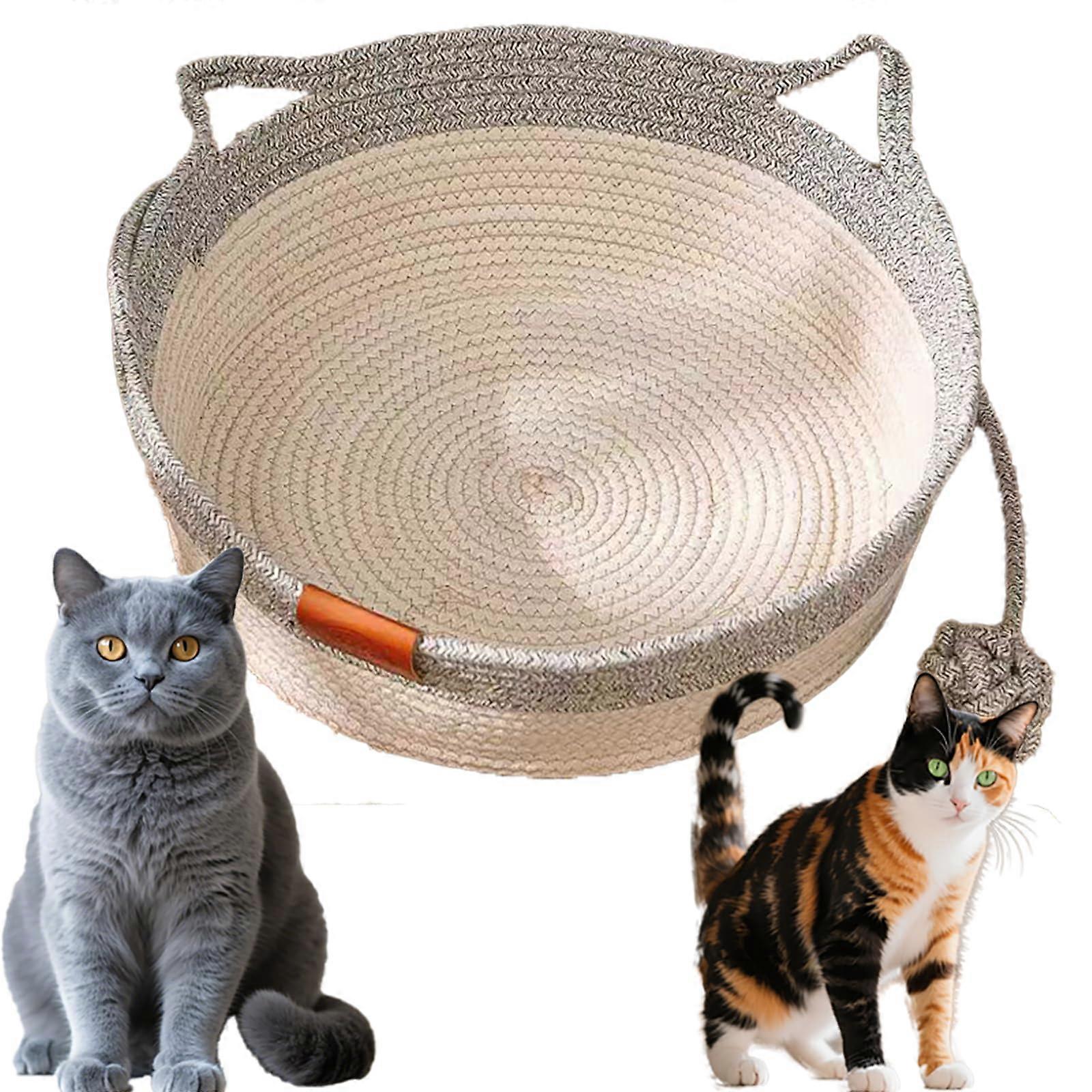 Cat Bed Rope Cotton Woven ScratchResistant BuiltIn Teasing Ball Breathable EasyClean Detachable Pad Grey Medium