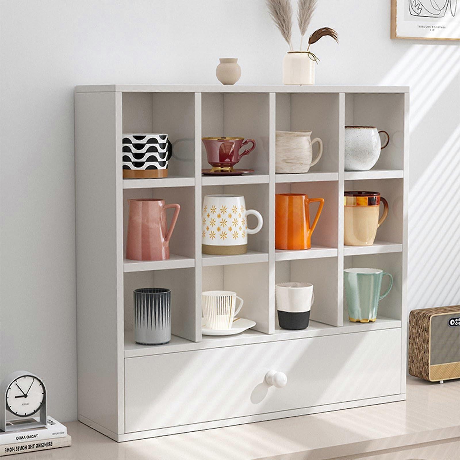 Wooden Desktop Organizer With Drawer Coffee Mug Storage Rack And Display Cabinet White 23.6x6.6x23.6in For Collectibles