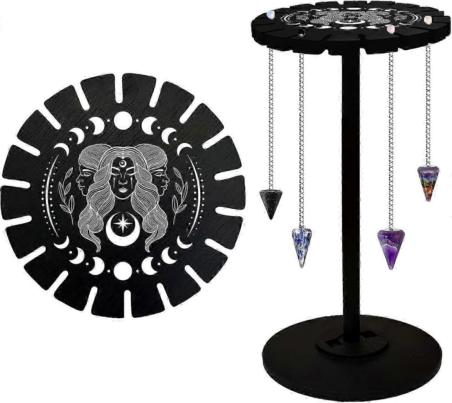 Goddess Pendulum Stand Crystal Display Shelf Black Wooden Divination Dowsing Wheel Pendulum Holder Witch Stuff Crystal Shelf Display for Stone Necklac