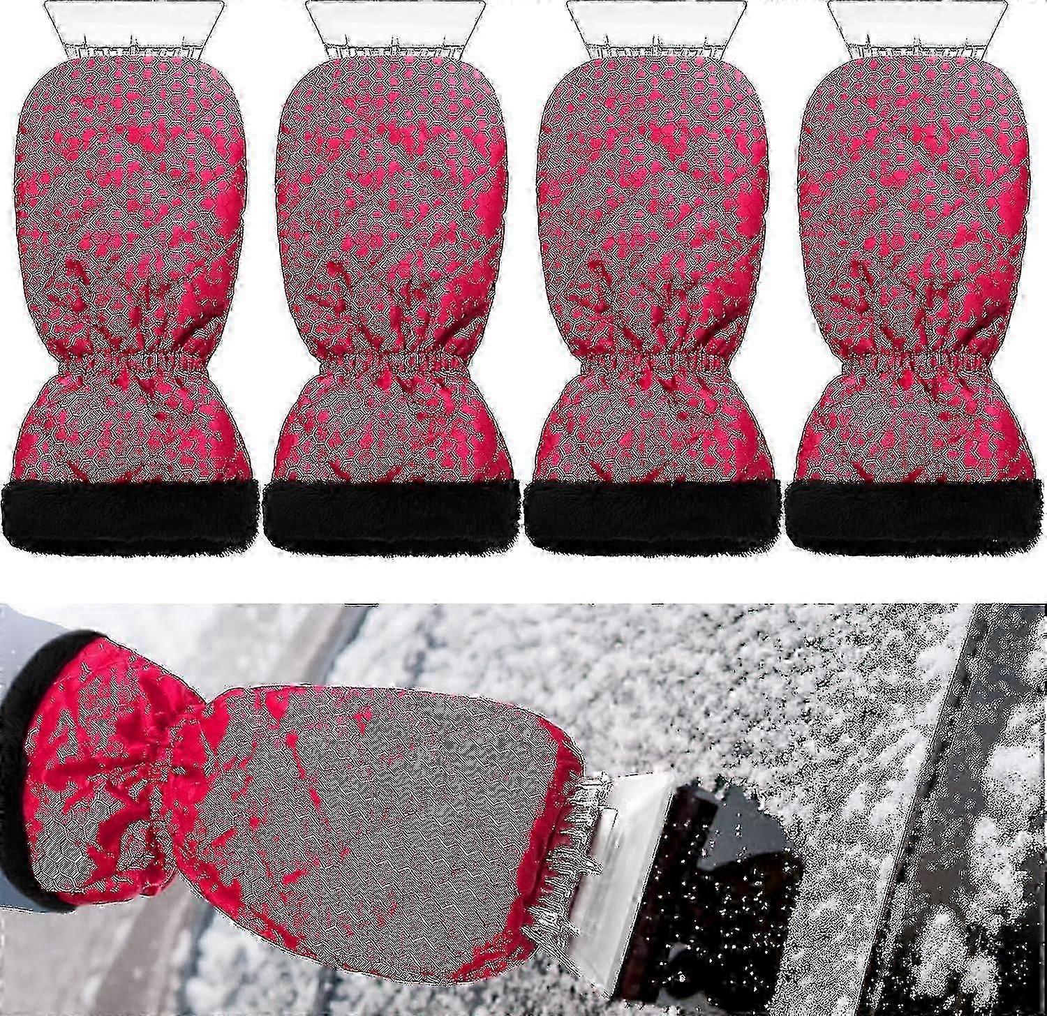 4 Pcs Ice Scraper Mitt with Glove for Car Windshield Snow Scraper Remover with Fleece Glove