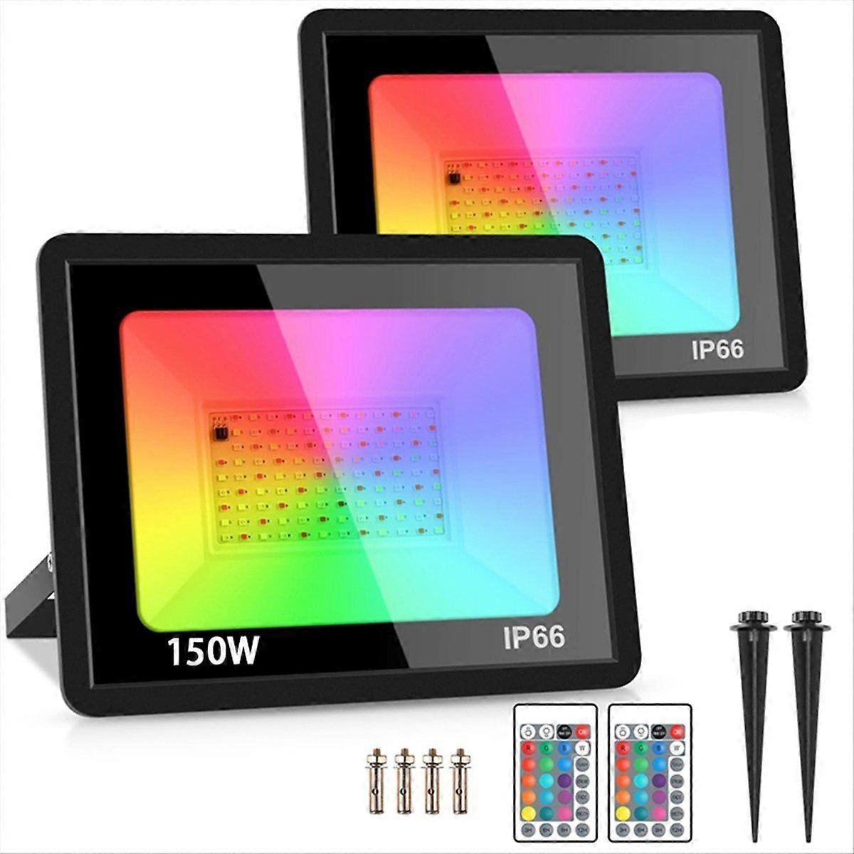 2 Pack 220V RGB LED Flood Lights IP66 Waterproof Color Changing Floodlight with Remote for Party, H