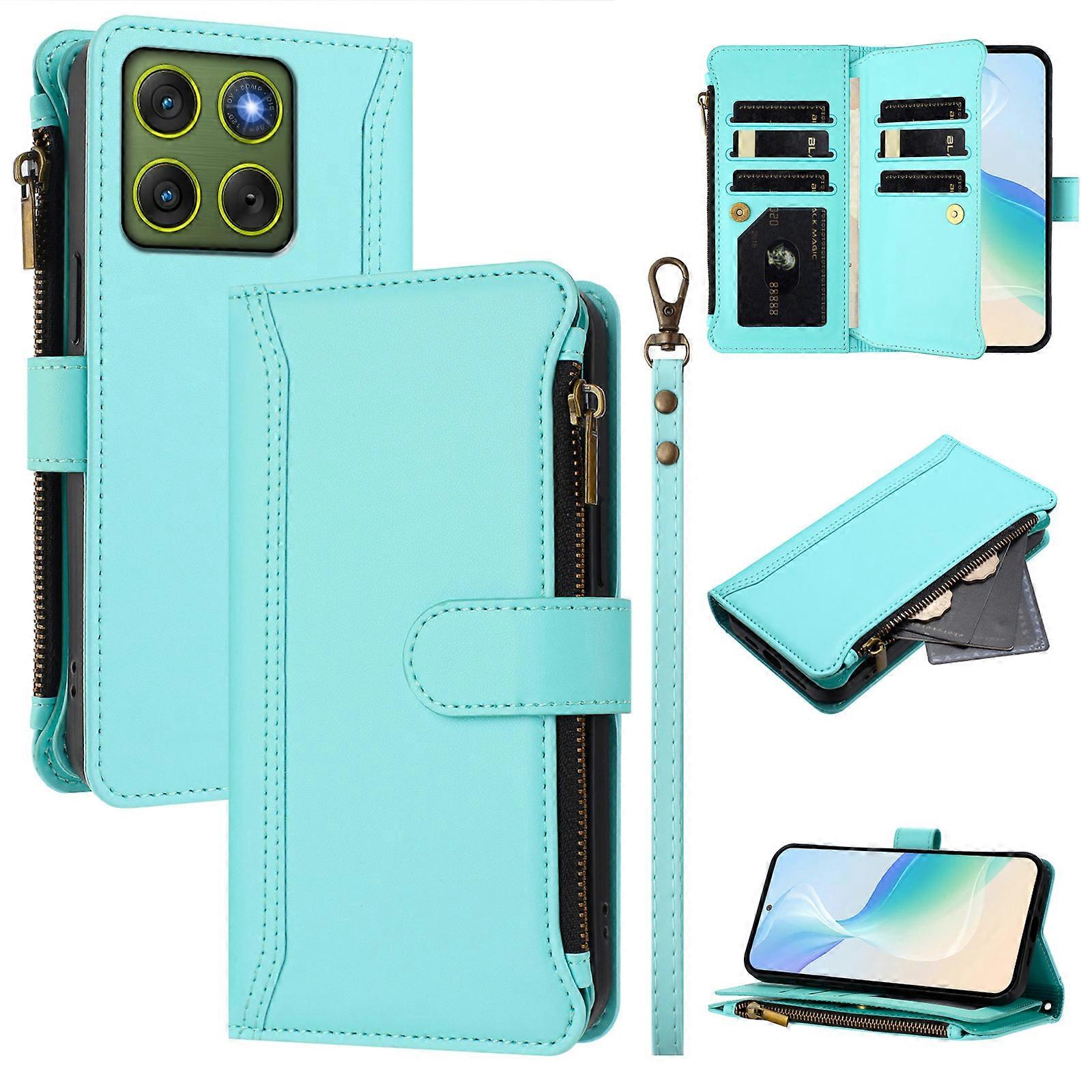 Capa de couro compatível com Motorola Edge 70 5G, com 9 compartimentos para cartões, zíper, suporte e alça de pulso.