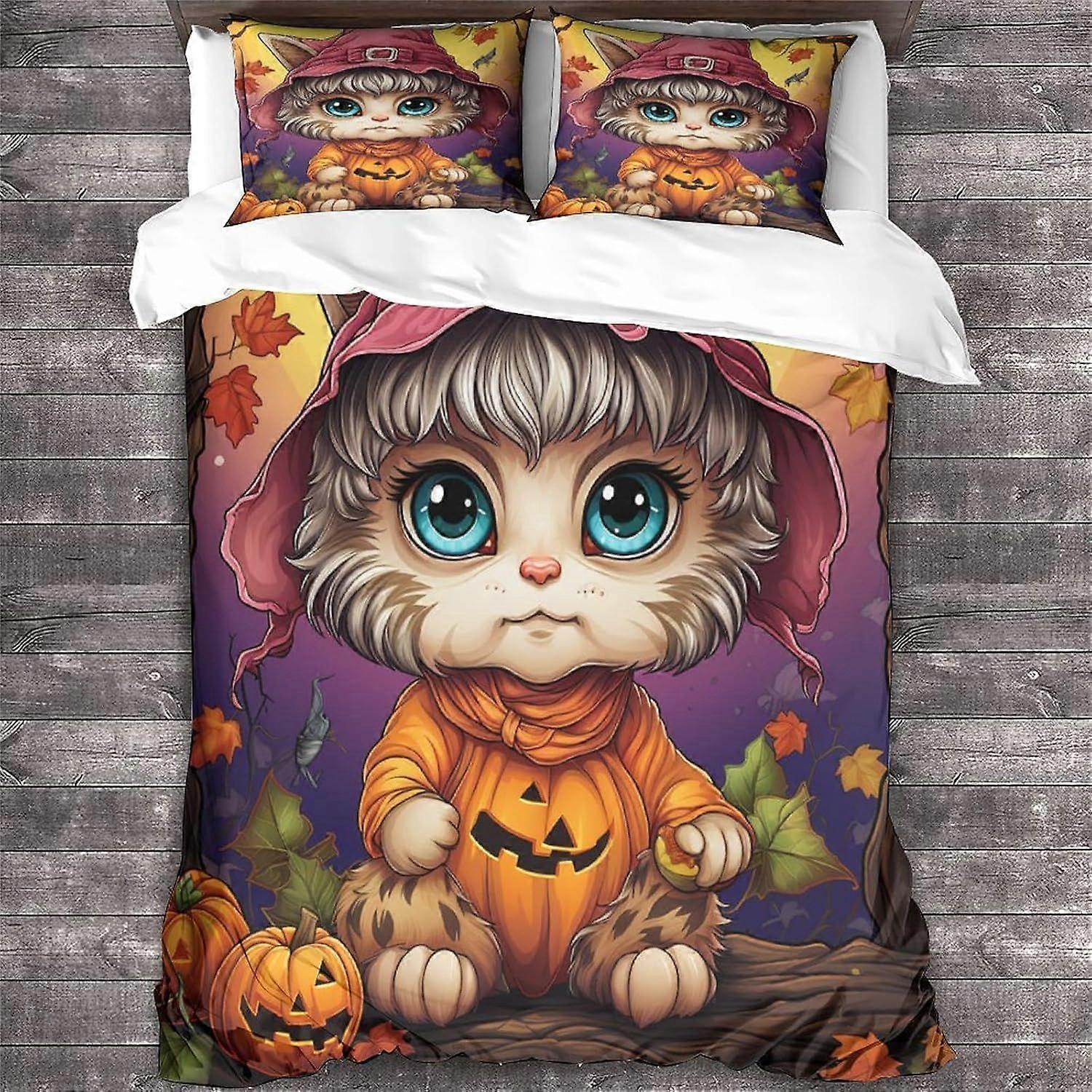 Capa de edredom LikeEj Cat com fronhas Animal Pattern Halloween Bedding Set com fechamento com zíper Capa macia de colcha de microfibra