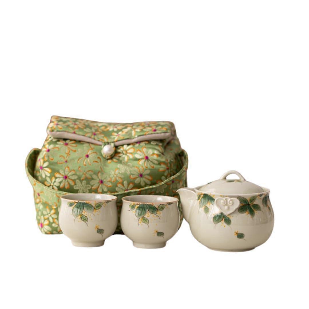 Chinese Porcelain Kung Fu Tea Set with HandPainted Osmanthus, Teapot 0.18L & 2 Cups, Portable Travel Case