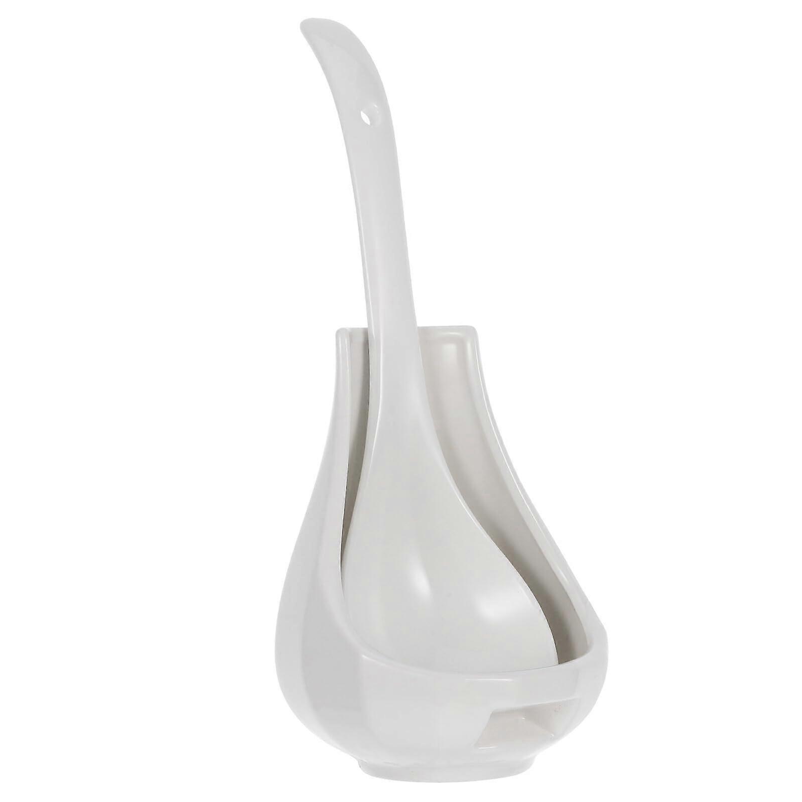 Ceramic Spoon Rest with Porcelain Soup Spoon Set, White Utensil Holder for Cooking and Serving