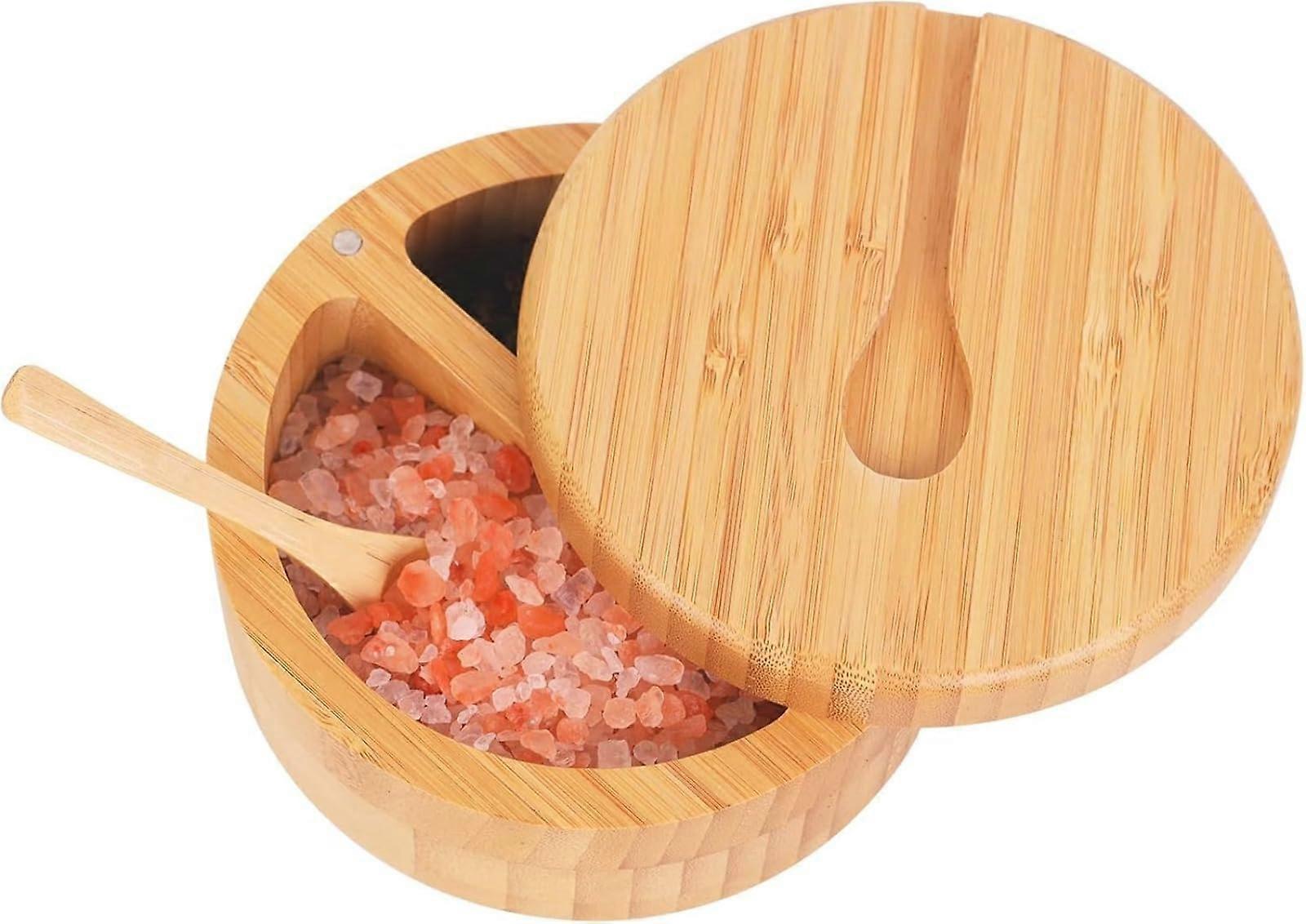 Bamboo Salt and Pepper Cellar with Dual Chamber Storage, Magnetic Swivel Lid and BuiltIn Spoon