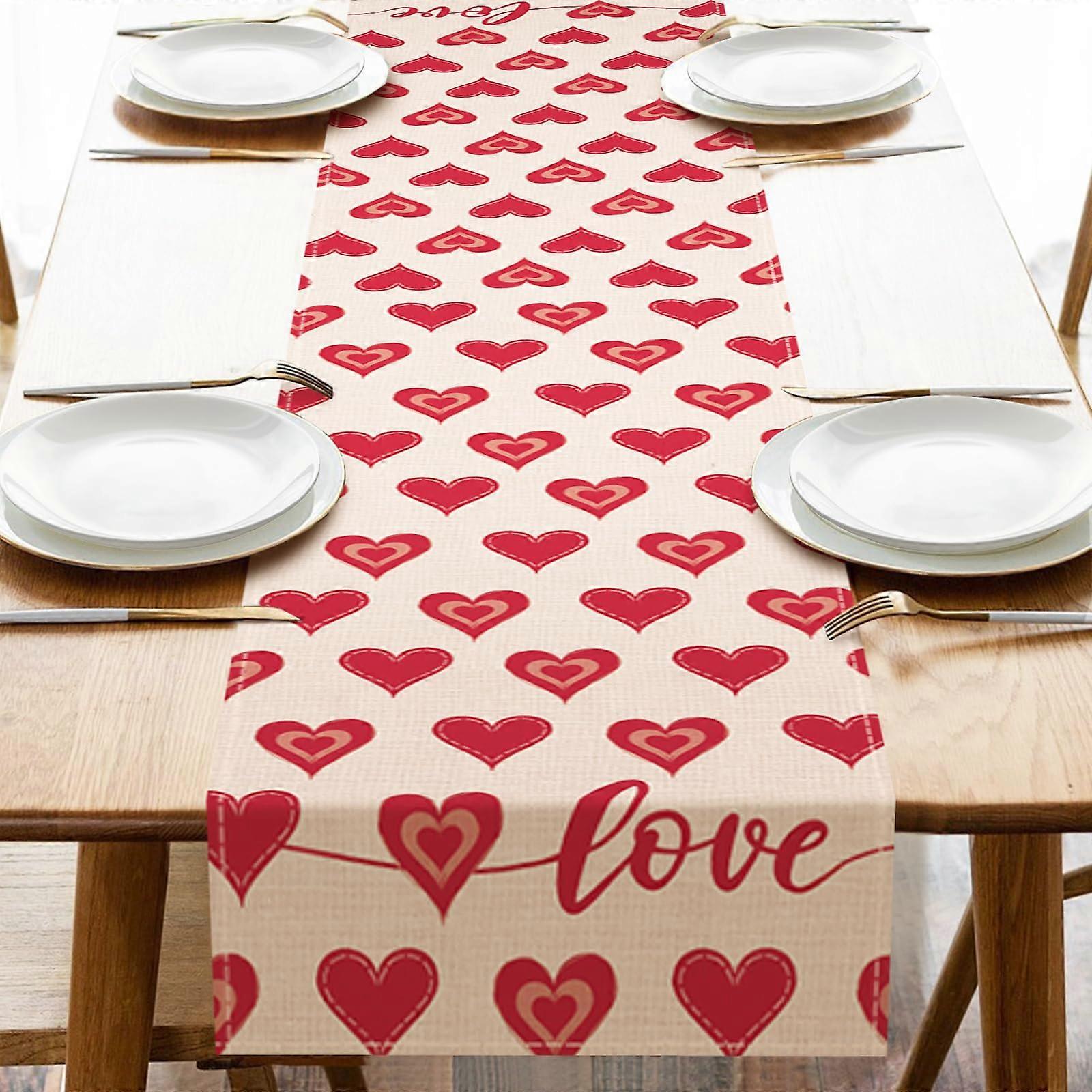 Valentines Day Table Runner 13x72 Red Heart Burlap Rustic Design for Wedding Anniversary Party Decor