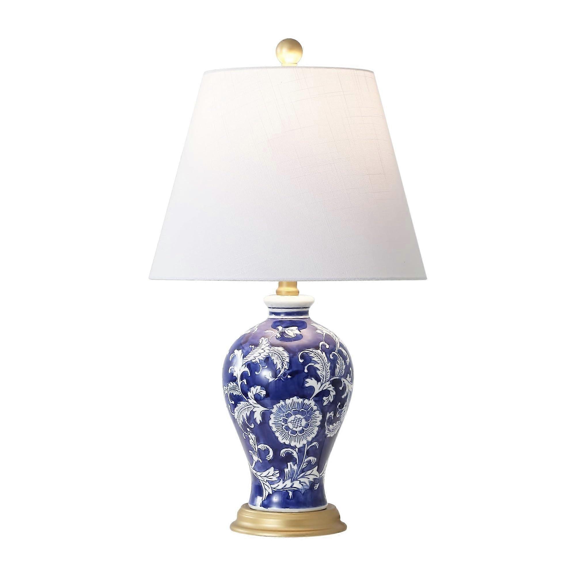 Chinese Style Ginger Jar Table Lamp with Floral Design, 24 Inch Cotton Shade Bedside Light