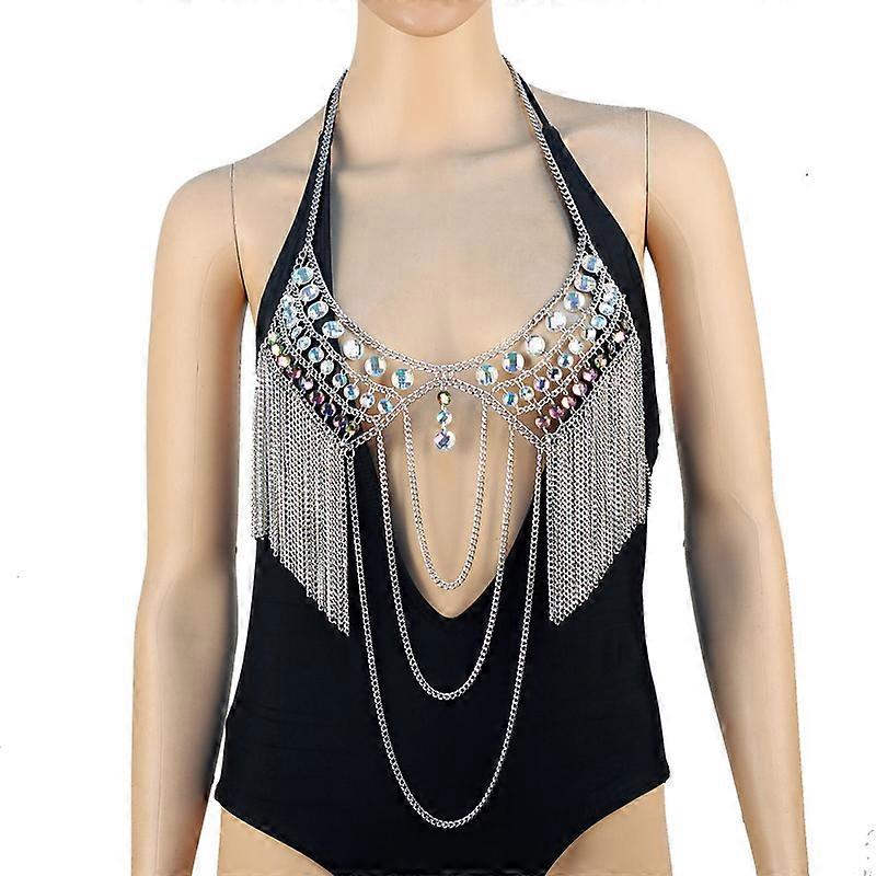 Multi-layered Silver Tassels Body Chain Necklace Fashion Beaded Bikini Sequin Bralette Women Dance Belly Chain