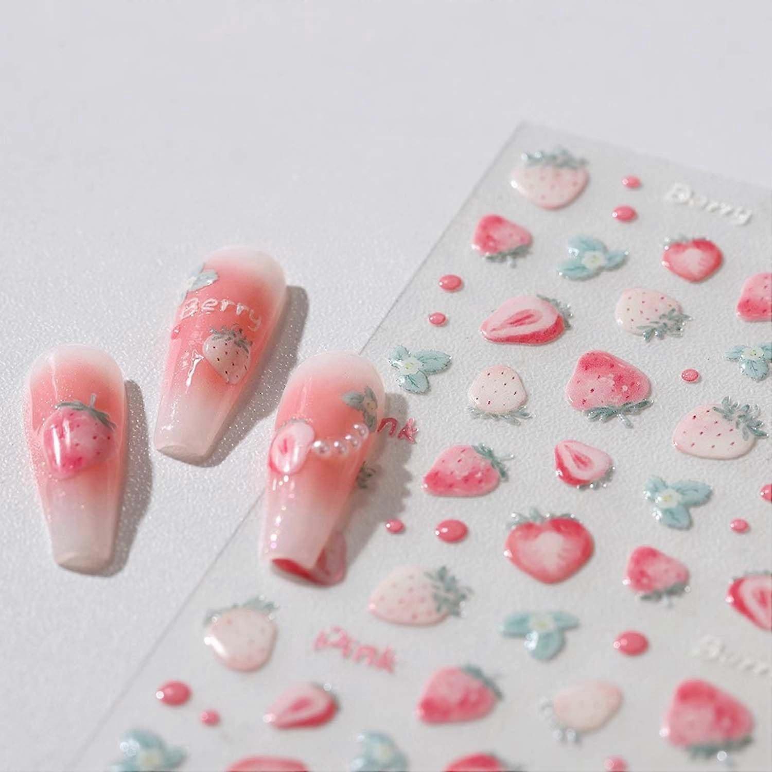 3D SelfAdhesive Nail Art Stickers with Strawberry and Peach Design, Unique 5D Embossed Decals for DIY Manicure