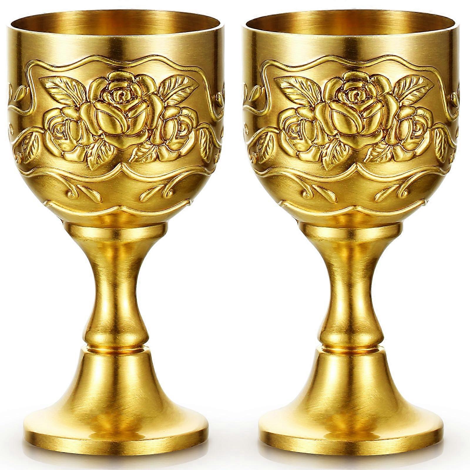 Vintage Mini Chalice Goblets 1oz Set, Medieval Zinc Alloy Wine Cups with Gold Finish and Embossed Design
