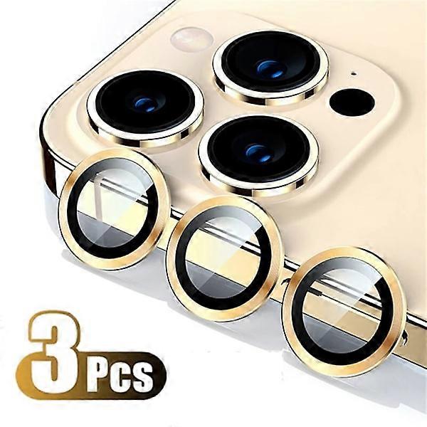 Titanium Colored Camera Protector Compatible with iPhone 16 Pro Max, 15, 14, 13, 12 Mini, Pro Max - Gold Metal Ring Tempered Glass Lens