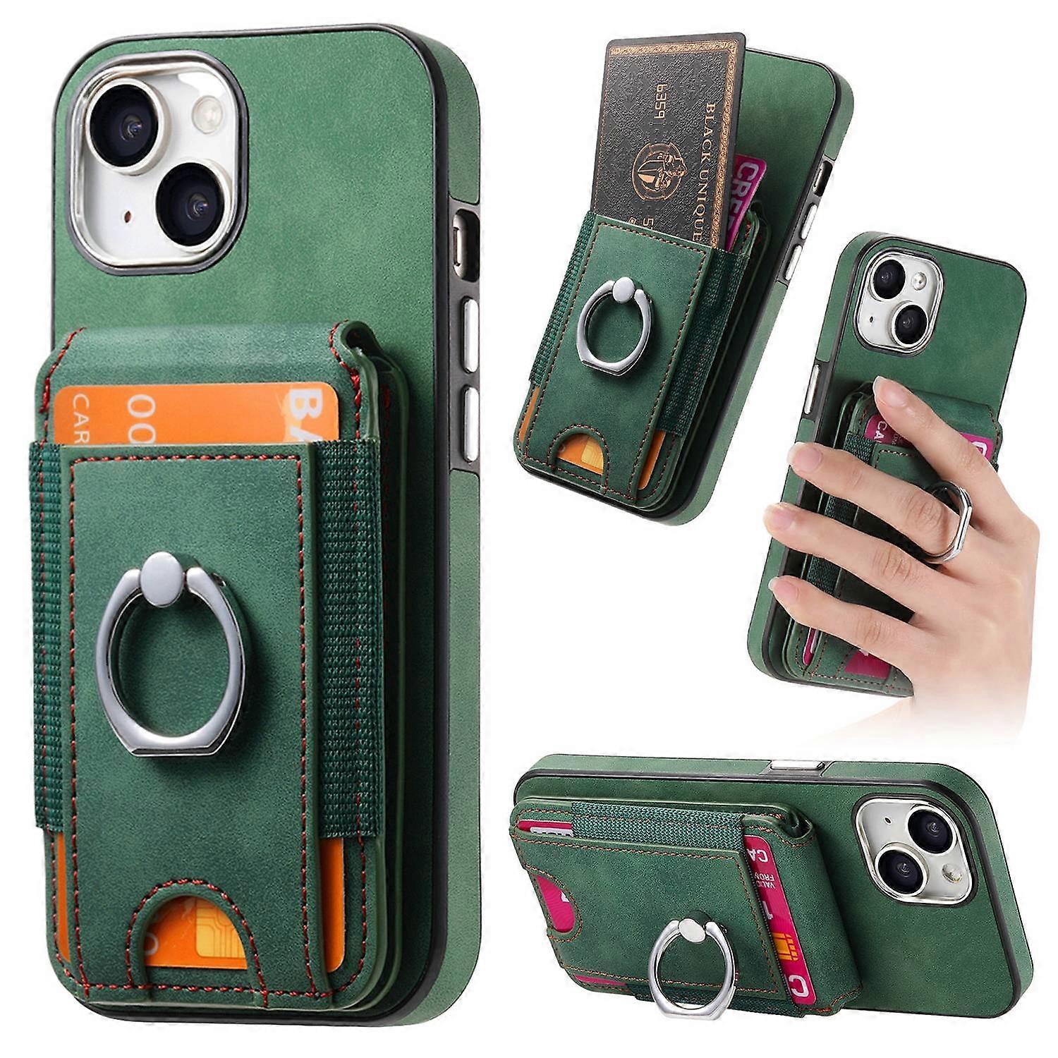Case For Iphone 13 Green Electroplating Hovering Multi-angle Bracket Card Holder Leather Insertion No5095
