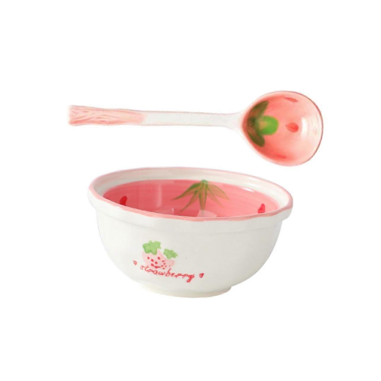 Ceramic Serving Bowl with Spoon, HandPainted Strawberry Design, Microwave and Dishwasher Safe