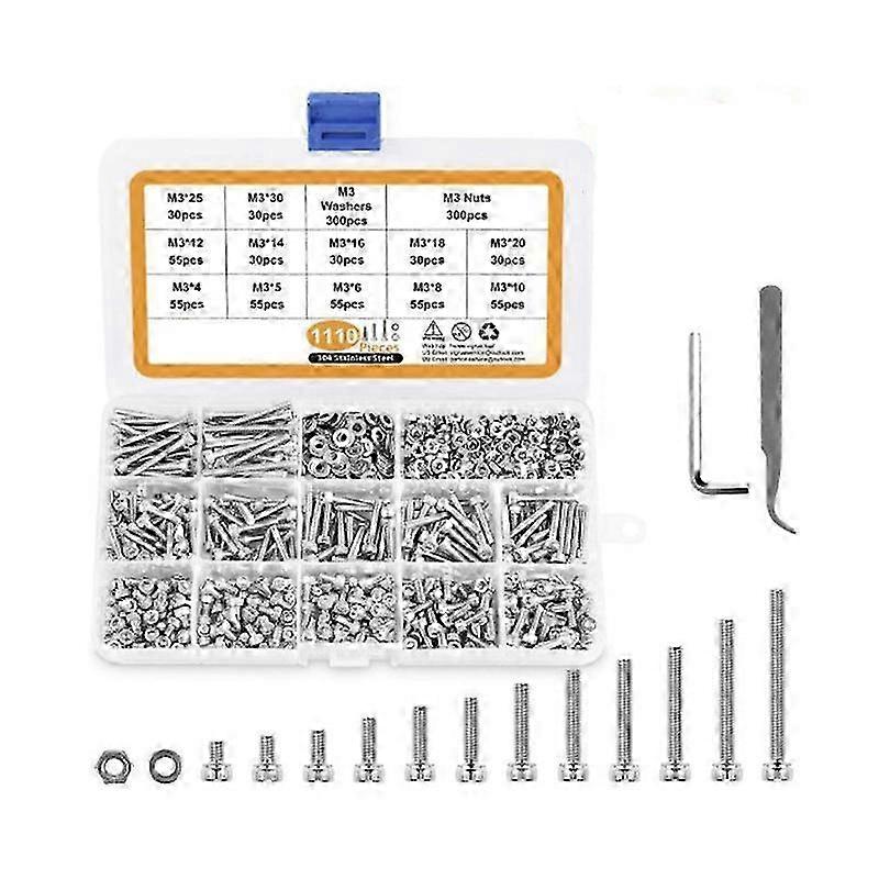 M3 Stainless Steel Screws Nuts Washers Assortment Kit with Hex Wrenches, 1100 Pcs Hex Socket Button