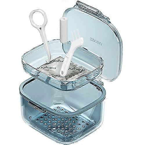 Retainer and Denture Cleaning Case with Removable Drain Tray, Secure Snap Closure, Blue