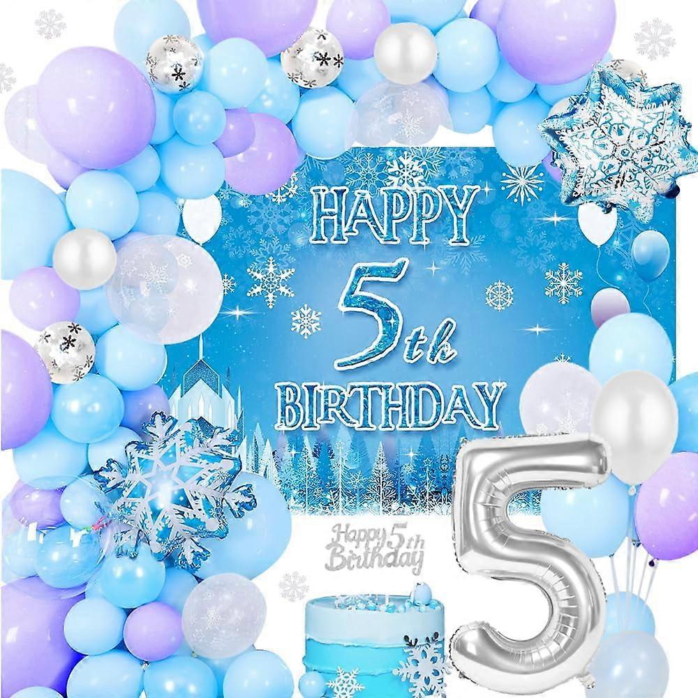 Frozen 5th Birthday Decoration Kit: Balloon Garland Arch, Poster, Cake Topper, Foil & Snowflake Balloons, Confetti – Compatible with Frozen