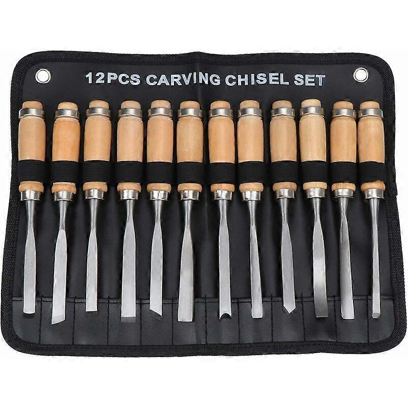 12 in 1 Wood Carving Chisel Set, Hardened Steel Woodworking Gouges with Leather Roll-Up Case, Assorted Shapes for Carpenters and Artists
