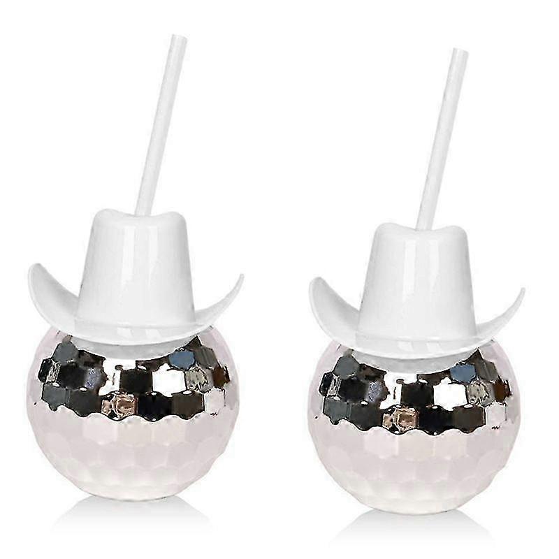2Pcs Disco Ball Cups with Straw, Silver+White