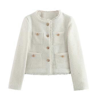 Women's Cropped Tweed Blazer Jackets Long Sleeve Button Down Short Coat with Pockets Casual Spring 26-27