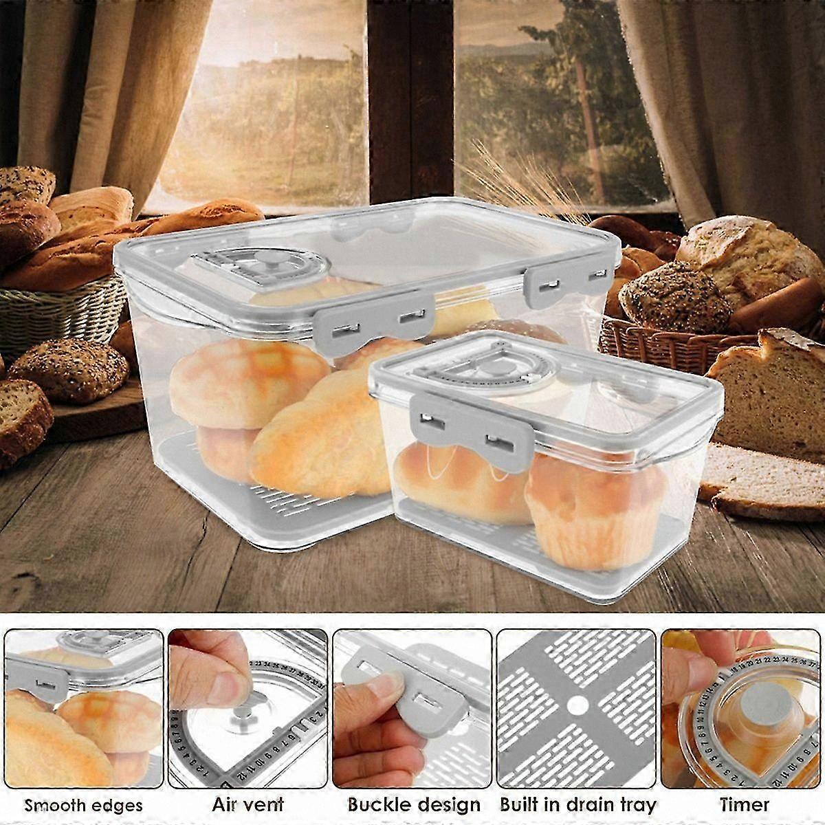 Airtight Bread Freshness - 2Pcs L/S Rectangular Bread Storage Boxes, Clear Loaf Containers with Time Recording