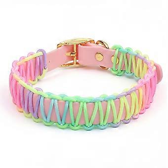 Braided Dog Collar, Pastel Pink Adjustable Lightweight Leather with Gold Buckle and Colorful Rope, for Beach Hiking Daily Walks