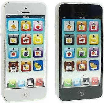 Two black and white Yphone toy phones that can play music, teach English, and have Christmas light interactive features. Suitable for toddlers, babi