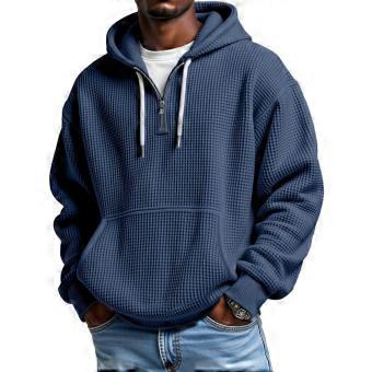 Waffle Knit Hoodie for Men - Front Pocket Drawstring Sweatshirt