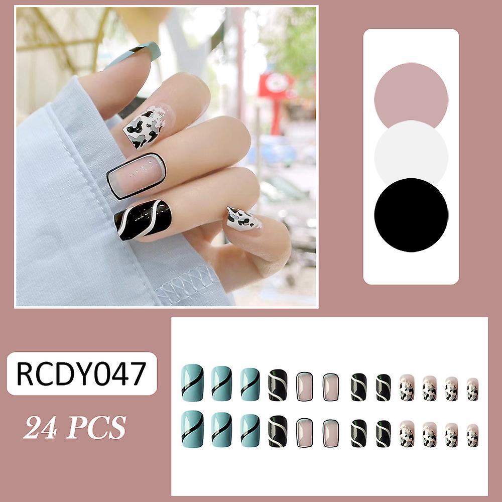24pcs Glossy False Nails Cute Cow Pattern Fake Nails