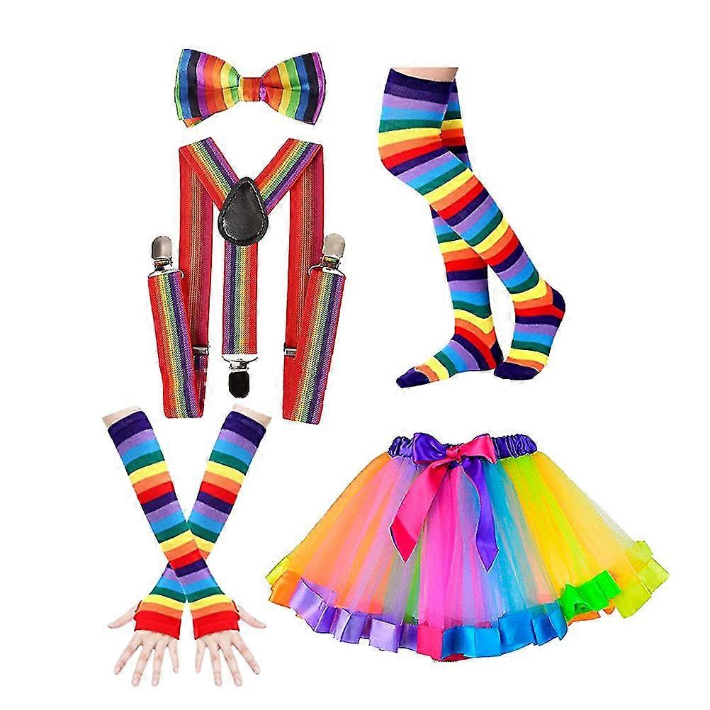 1 Set Party Kostüm Neon Thema Bequeme Regenbogen Handschuhe Fliege Socken Tutu Kleid für Erwachsene Damen