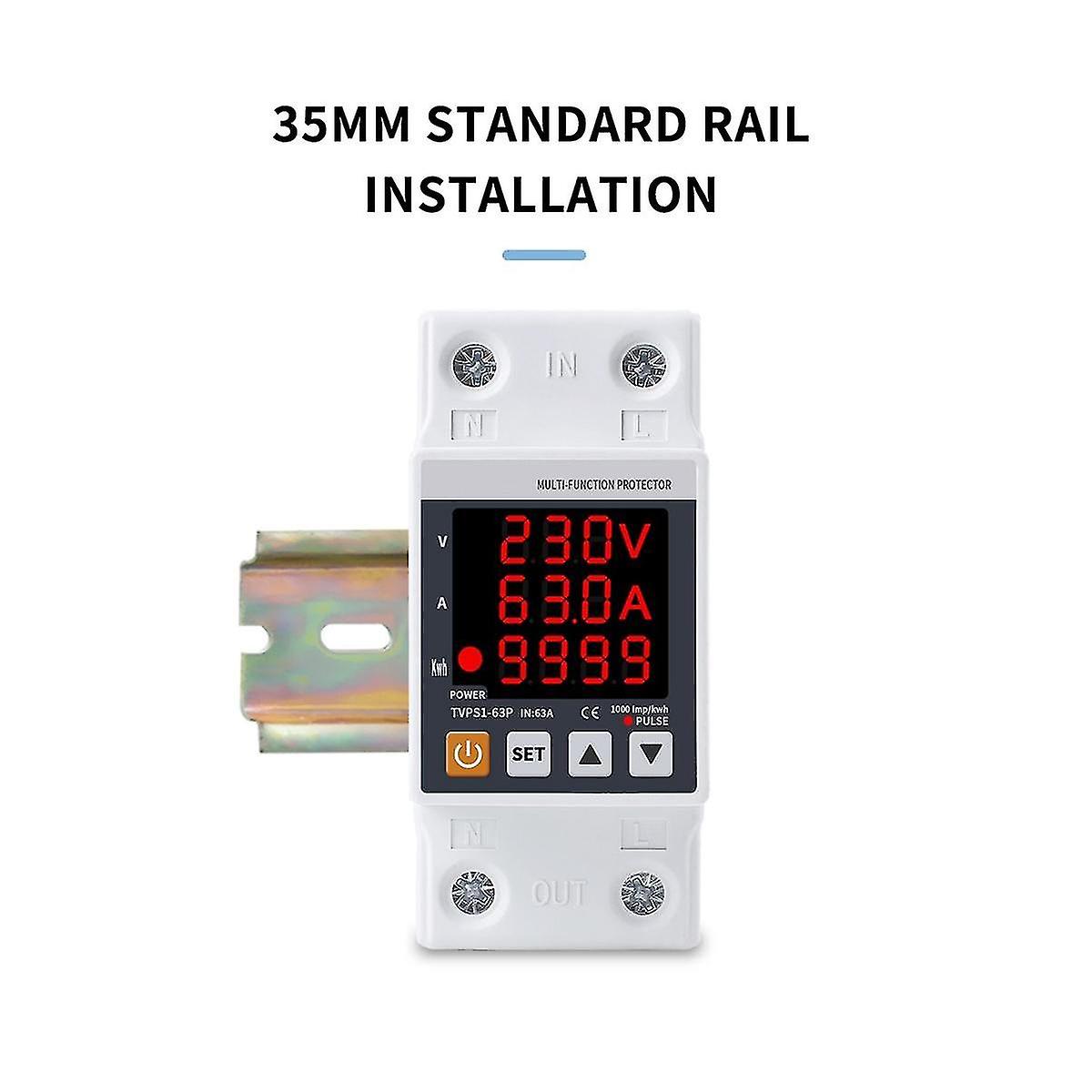 2p 63a 230v 3in1 Display Din Rail Adjustable Over Under Voltage Surge Protector Relay Over Current
