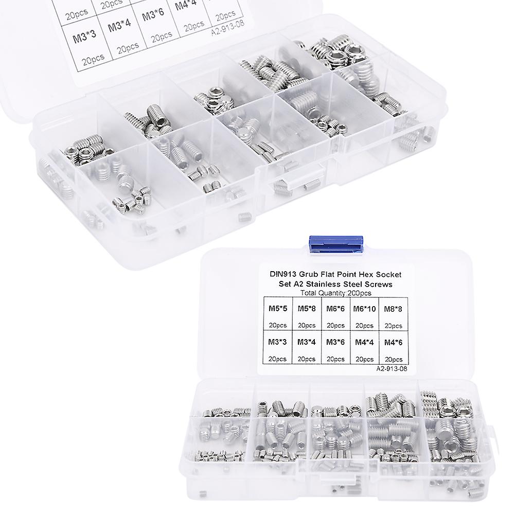 200pcs Stainless Steel Flat Point Hex Socket Grub Screw for Precise Instrument M3/M4/M5/M6/M8