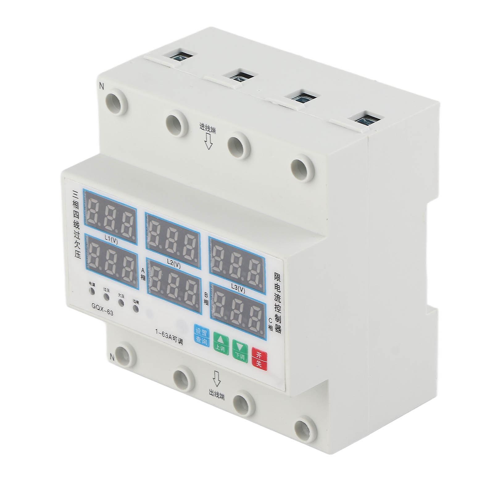 3 Phase DIN Rail Voltmeter Ammeter Adjustable Overvoltage Undervoltage Overcurrent Protector 63A AC390‑500V 