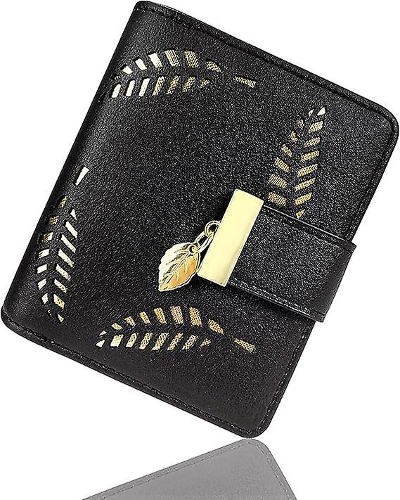 בגדי ריקוד נשים ארנק קצר עור ארנק בינוני עלה כרטיס כפול מחזיק מטבעות ארנקים קטנים אבזם רוכסן מצמד - שחור