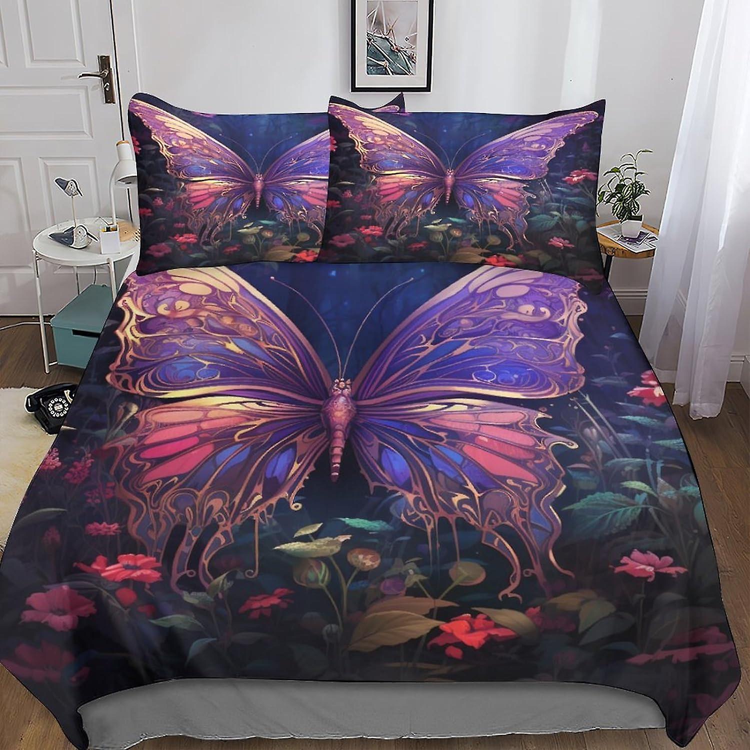 VCLUST Flower Butterfly 3D Three-dimensional Digital Print Duvet Cover Bedding, 3 Pieces, Colorful Quilt Cover Piece Matching Pillowcase with Zipper C