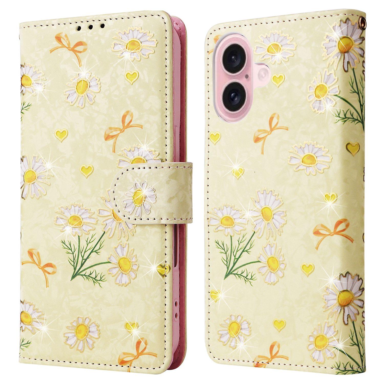 For iPhone 16 Case RFID Blocking Wallet Lacquered Design Mobile Phone Cover - Yellow Daisy