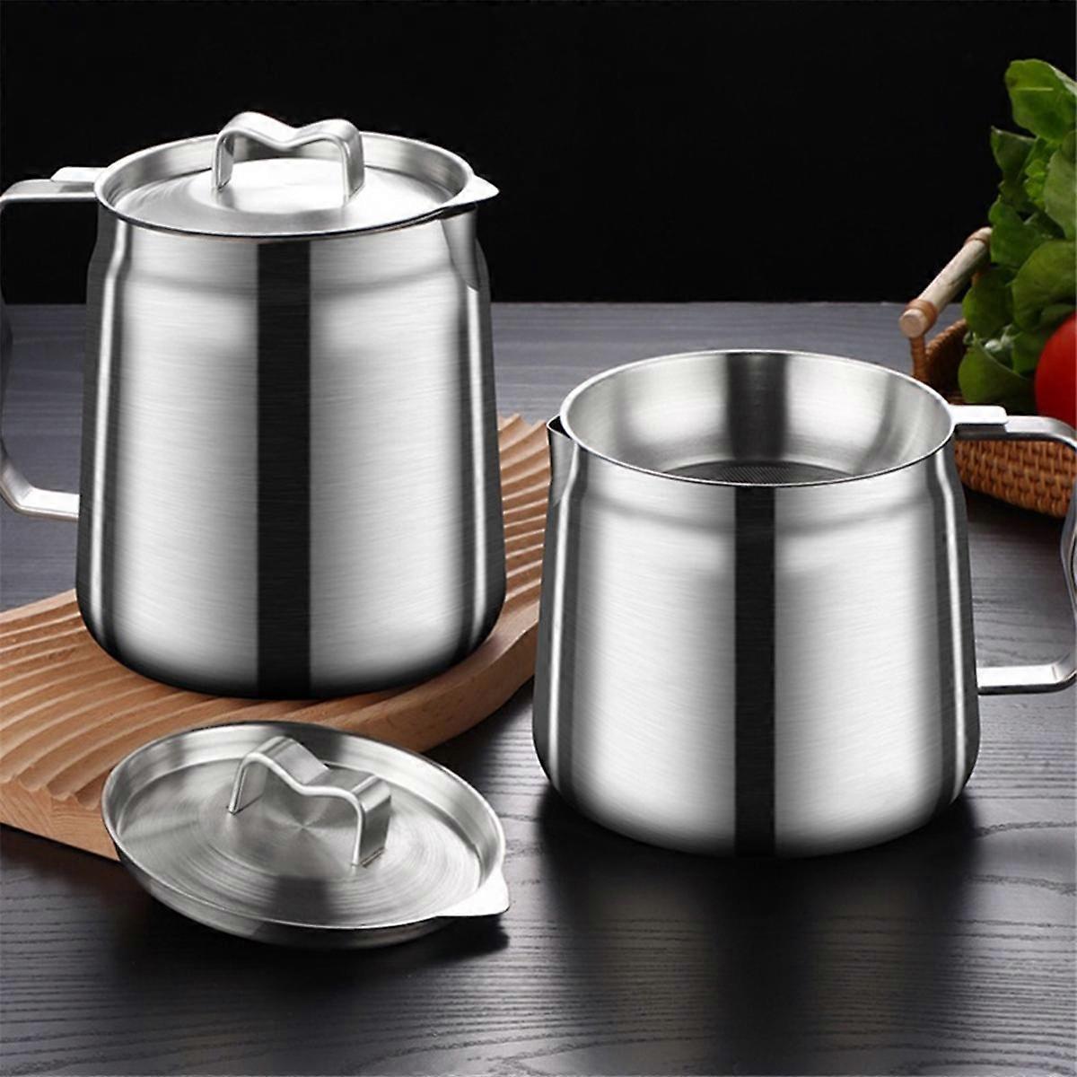 1.5L Stainless Steel Oil Filter Pot Lard Strainer Tank Container Jug High Capacity Storage Can Kitc