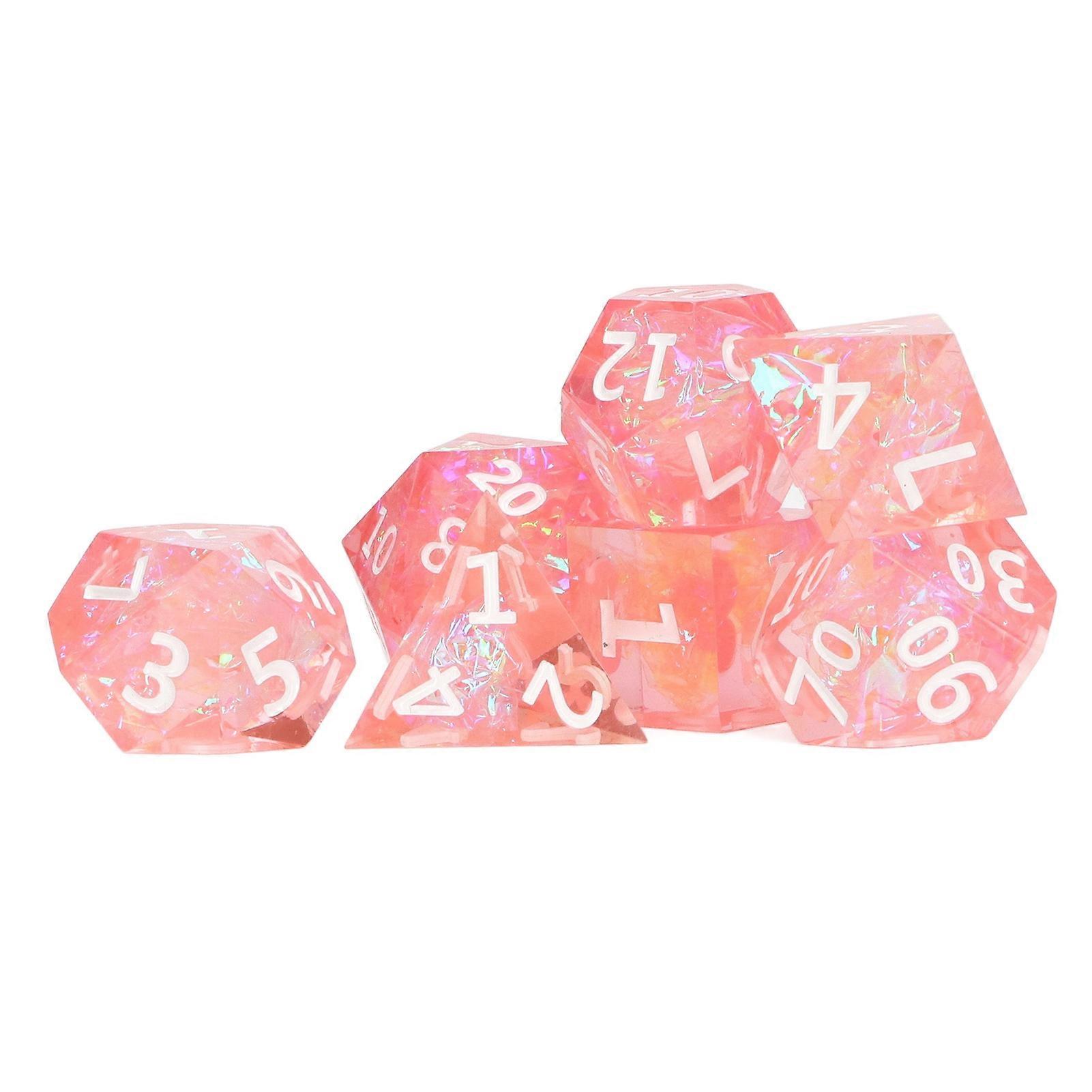 7pcs Dice Kit Incisive Edge Epoxy Resin Multi Faceted Pink Translucent Dice Set for Game White Number