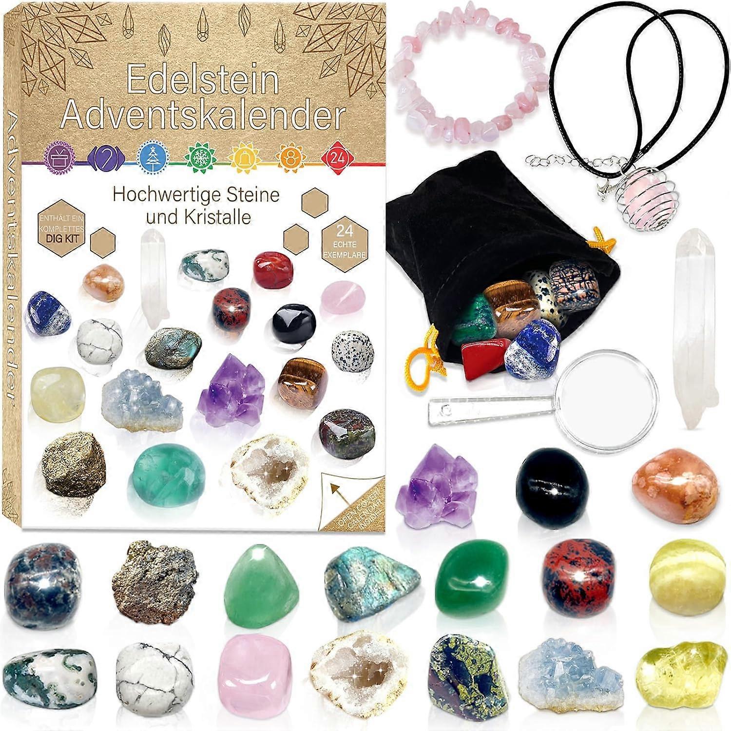 Advent Calendar 2024 Children for Crystals, Gemstone Advent Calendar with 24 Natural Rocks and Minerals, Christmas Countdown Surprises for Boys and Gi