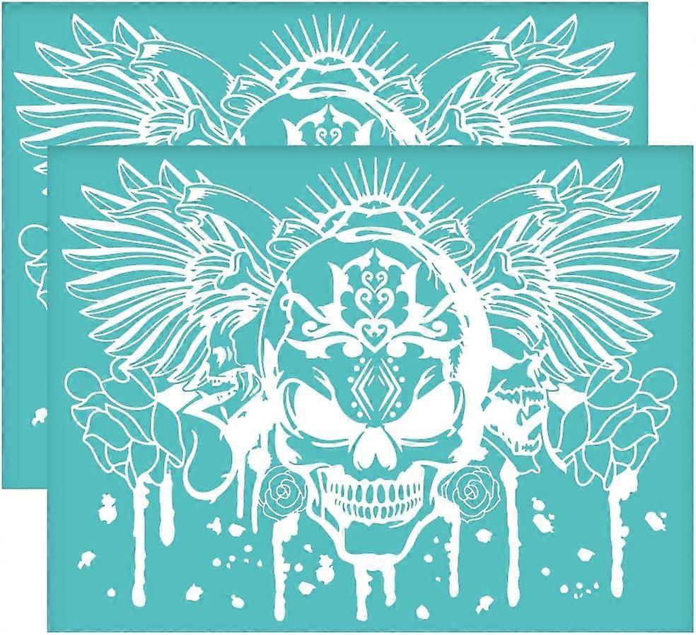 2Pcs 11x8.6 Inch Wild Skeleton Self-Adhesive Silk Screen Printing Stencil Skull with Wing Flower Silk Screen Stencil Scrawl Theme Mesh Stencils Transf