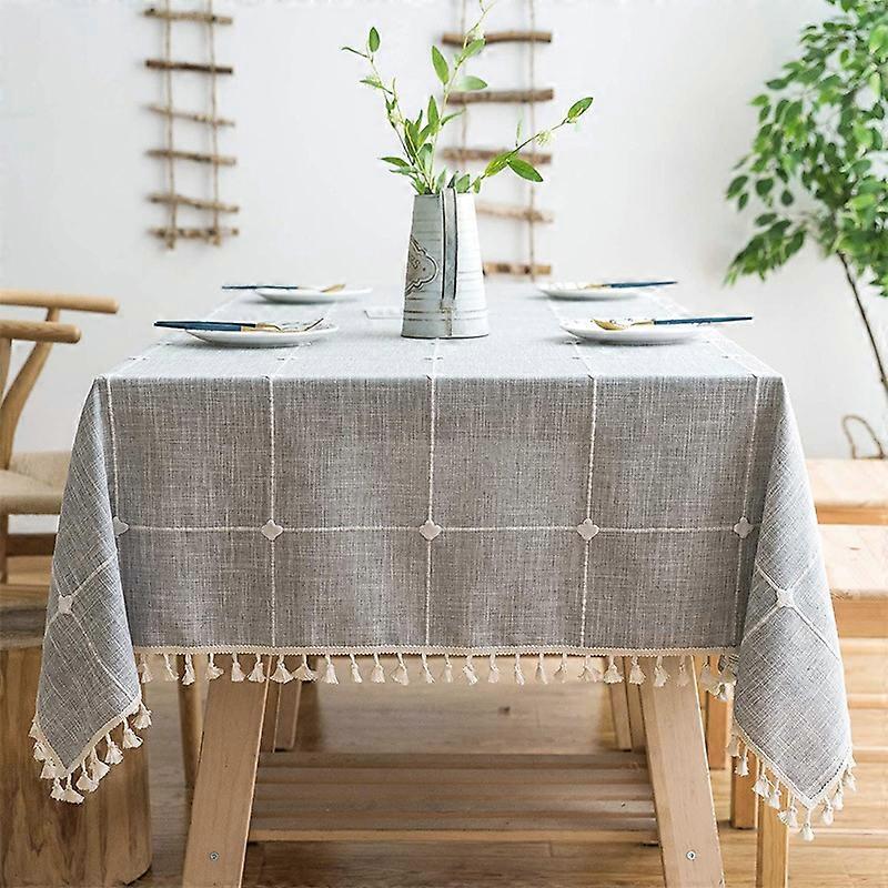 Rustic Lattice Tablecloth (140*220cm) Cotton Linen Grey Rectangle Table Cloths for Kitchen Dining, Party, Holiday, Christmas, Buffet