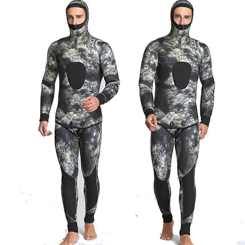 MIMIGO Erkekler 5mm Neopren 2 Parça Kamuflaj Zıpkınla Balık Avı Premium Wetsuit Uzun Kollu Tüplü Dalış Takım Elbise Tam Vücut Sıcak Tutmak Kapüşonlu Şnorkel Takım Elbise